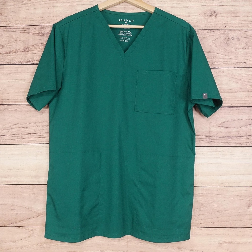 Jaanuu Scrubs Top M Green V-Neck Solid Short Sleeve Medical Shirt Pocket